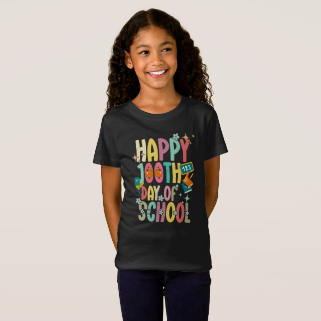 Camiseta Feliz 100º Dia Da Escola Retro Groovy (Frente Completa)