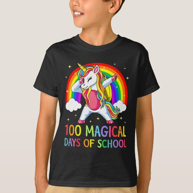 Camiseta Feliz 100º Dia da Escola Unicórnio 100 Dias Mágico (Frente)
