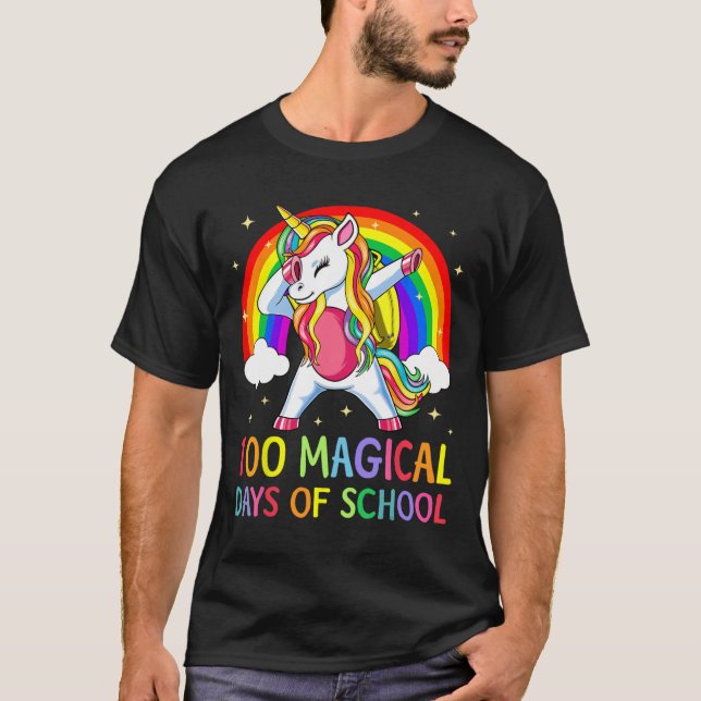 Camiseta Feliz 100º Dia da Escola Unicórnio 100 Dias Mágico (Frente)