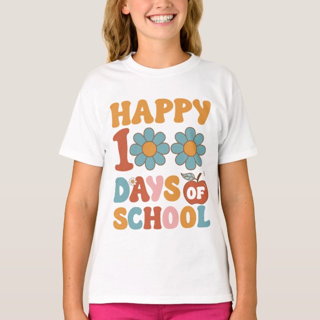 Camiseta Feliz 100 dias de escola, fontes de comida. (Frente)