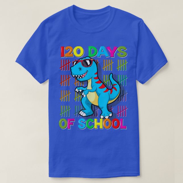 Camiseta Feliz 120 Dias De Escola Para Crianças Dinossauro  (Frente do Design)