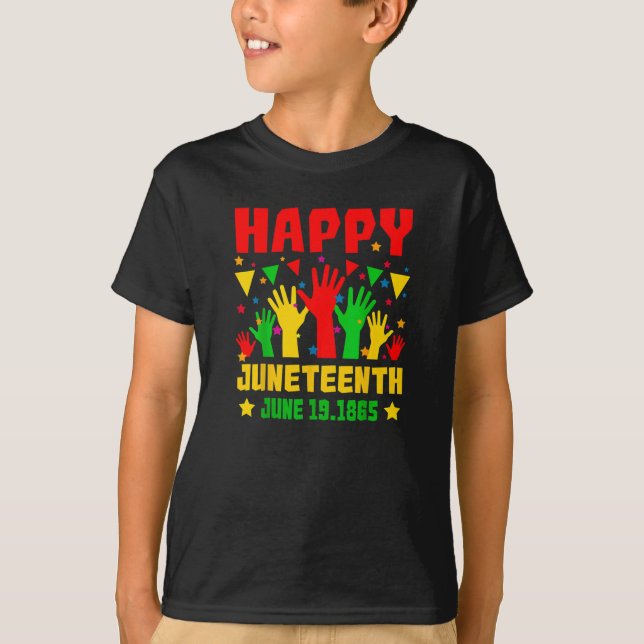 Camiseta Feliz 19 Black Red Yellow Hands Boys (Frente)