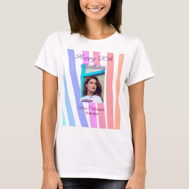 Camiseta Feliz 20º Aniversário arco-íris rústico boho linha (Frente)