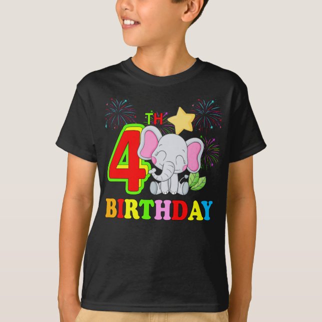 Camiseta Feliz 4º Aniversário Menino Filha de Elefante - Qu (Frente)