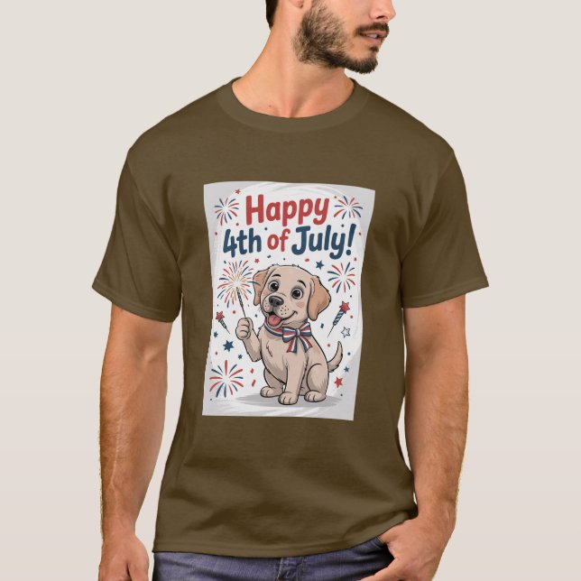 Camiseta "Feliz 4 de julho" Adorável Cão com Sparkler (Frente)