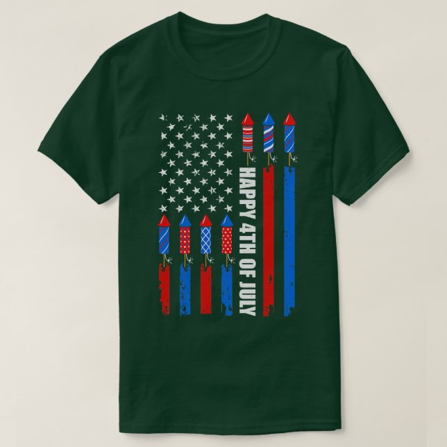 Camiseta Feliz 4 De Julho Americano Flag Fireworks Patrioti (Frente do Design)