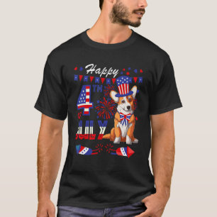 Camiseta Feliz 4 de Julho Bandeira Americana Corgi Fogos de