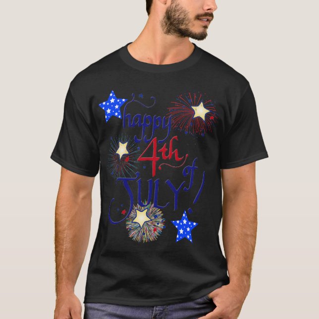 Camiseta Feliz 4 de julho! com fogos de artifício e estrela (Frente)