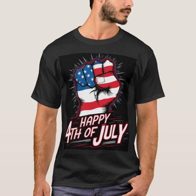 Camiseta Feliz 4 De Julho, Fist Patriótico Negro (Frente)