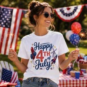 Camiseta Feliz 4 de Julho Foguete Patriótico & Estrelas