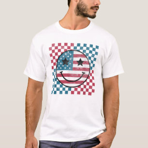 Camiseta Feliz 4 de julho, Groovy Smile Face Red White Blue