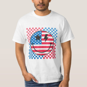 Camiseta Feliz 4 de julho, Groovy Smile Face Red White Blue
