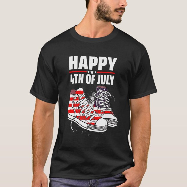Camiseta Feliz 4 de julho Merica Calçados bandeira american (Frente)