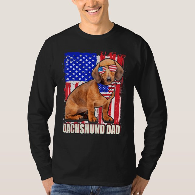 Camiseta Feliz 4 De Julho Orgulho Americano Bandeira Dachsh (Frente)