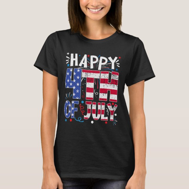 Camiseta Feliz 4 De Julho Patriótico Americano Bandeira 4th (Frente)