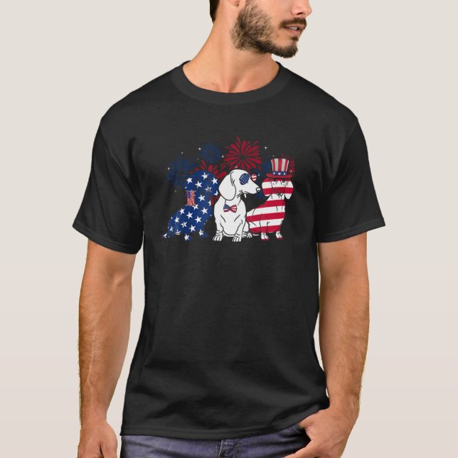 Camiseta Feliz 4 De Julho, Três Cachorro Branco Azul E (Frente)