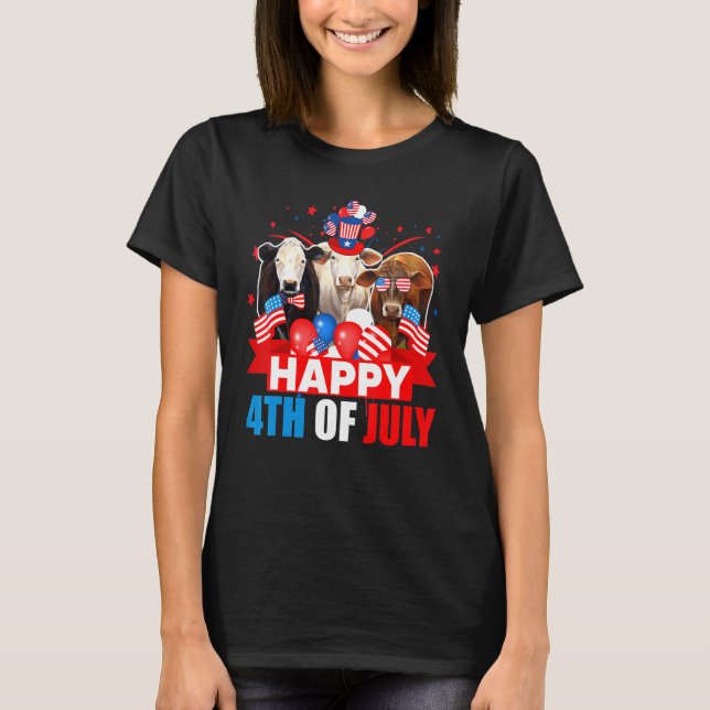 Camiseta Feliz 4 De Julho, Três Vaca De Bandeira Americana  (Frente)