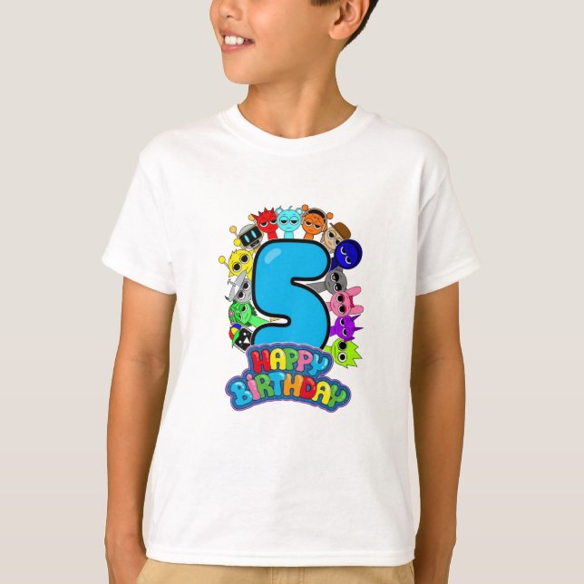 Camiseta Feliz 5º Aniversário Sprunki - Simon Funbot Oren (Frente)