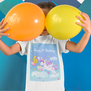 Camiseta Feliz 6 Birthday Unicorn com Bolo de Aniversário