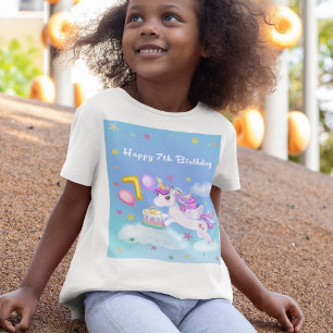 Camiseta Feliz 7 Birthday Unicorn com Bolo de Aniversário