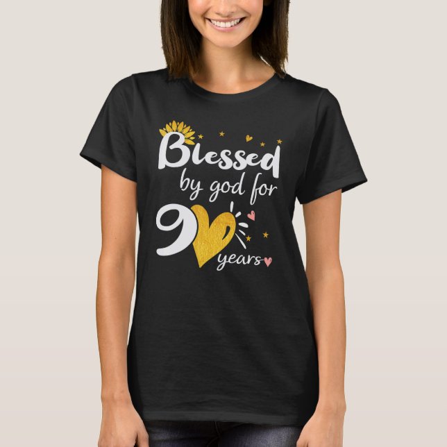 Camiseta Feliz 90 anos Abençoado por Deus por Feliz Nascime (Frente)