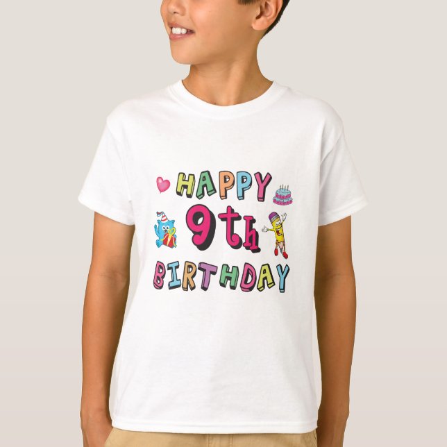 Camiseta Feliz 9.º aniversário para crianças de 9 anos B-da (Frente)