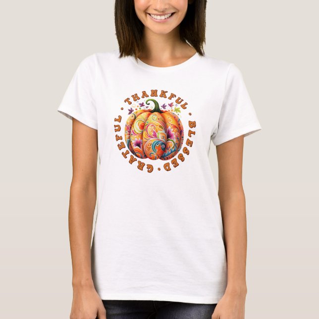Camiseta Feliz, Abençoado, Grata Pumpkin Floral (Frente)