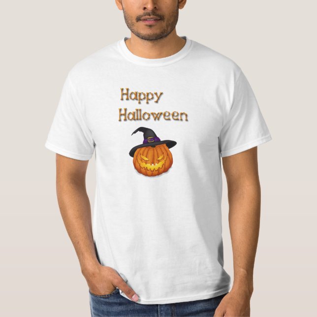 Camiseta Feliz Abóbora de Halloween com chapéu (Frente)