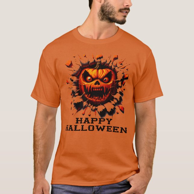 Camiseta Feliz Abóbora do Halloween Esmagando Através da Ca (Frente)