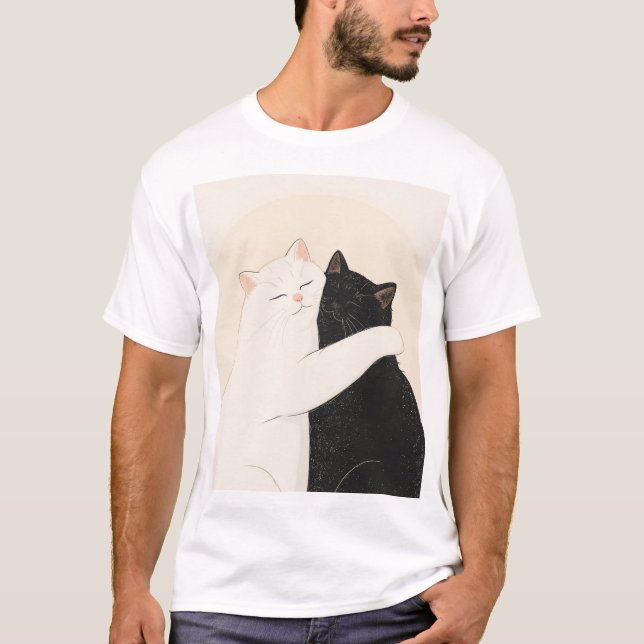Camiseta Feliz abraço de gato preto e branco (Frente)