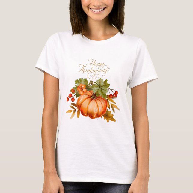 Camiseta Feliz Ação de Graças Aquarela Pumpkin e Berries (Frente)