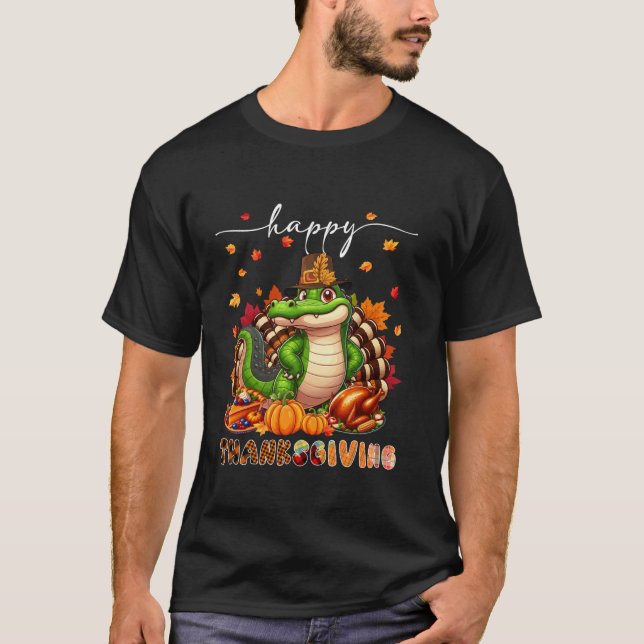 Camiseta Feliz Alligador de Ação de Graças Costume Turkey F (Frente)