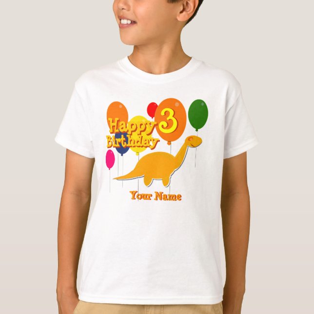 Camiseta Feliz Aniversário 3 Anos Dinossauros Balões (Frente)