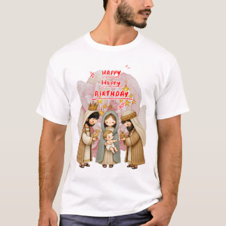 Camiseta Feliz Aniversário Bebê Jesus Recebendo Presentes