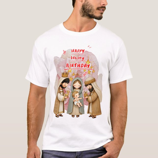 Camiseta Feliz Aniversário Bebê Jesus Recebendo Presentes (Frente)