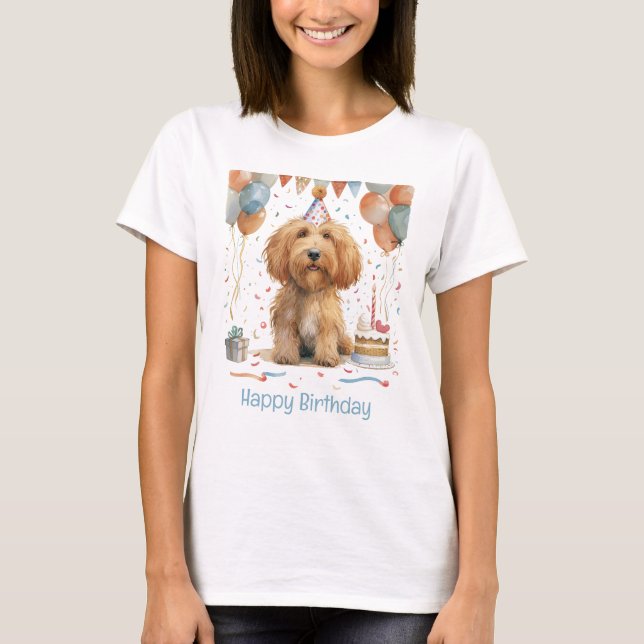 Camiseta Feliz Aniversário Cão de Goldendoodle (Frente)