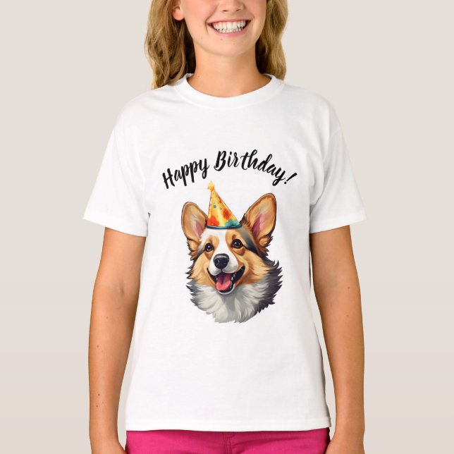 Camiseta Feliz aniversário, cone Corgi (Frente)