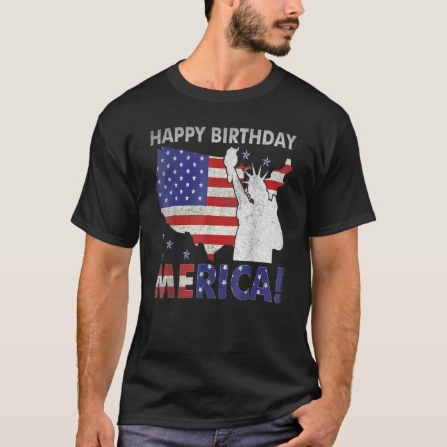 Camiseta Feliz Aniversário da Estátua Merica da Liberdade A (Frente)