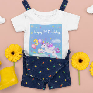 Camiseta Feliz aniversário de 3 anos Unicórnio com Bolo de 