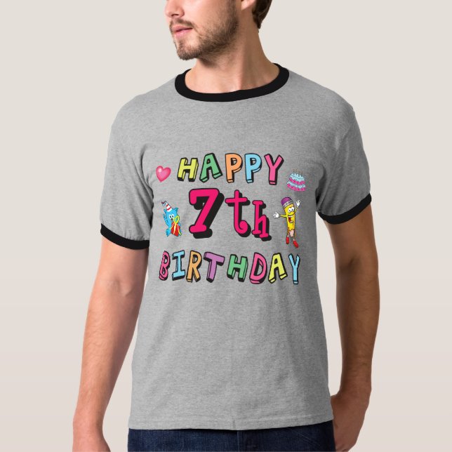 Camiseta Feliz aniversário de 7. 7 anos. (Frente)