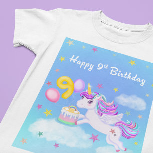 Camiseta Feliz aniversário de 9 anos Unicórnio com Bolo de