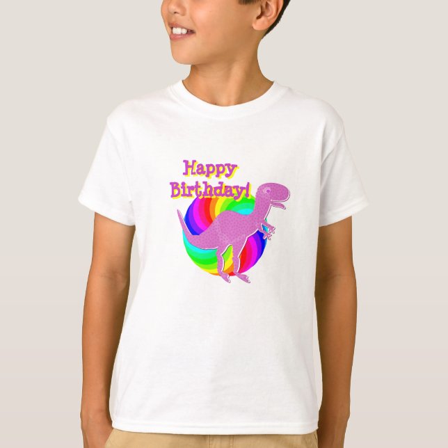 Camiseta Feliz aniversário dinossauro cor-de-rosa T-Rex (Frente)