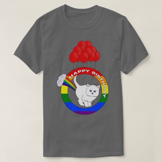 Camiseta Feliz Aniversário Engraçado Cat Fart Rainbow (Frente do Design)
