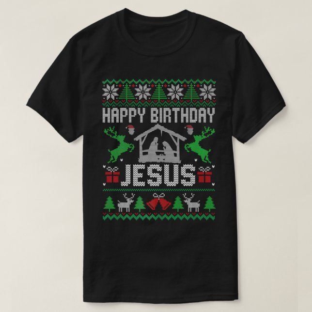 Camiseta Feliz Aniversário Feliz Natal Jesus Feriado Feio (Frente do Design)