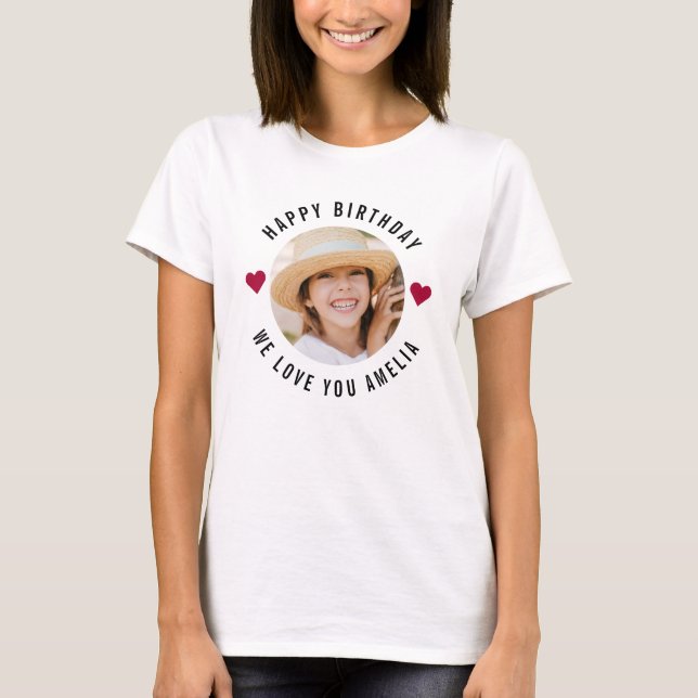 Camiseta Feliz Aniversário Foto Trendy Chic Modern Hearts (Frente)