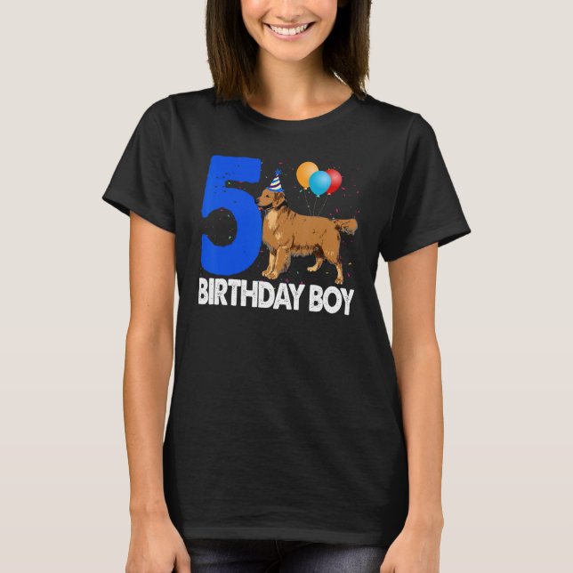 Camiseta Feliz Aniversário Garoto 5 Ouro Cachorro de Retrie (Frente)