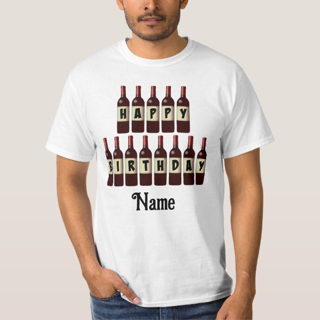 Camiseta Feliz Aniversário Garrafas de Vinho Vermelho Perso (Frente)