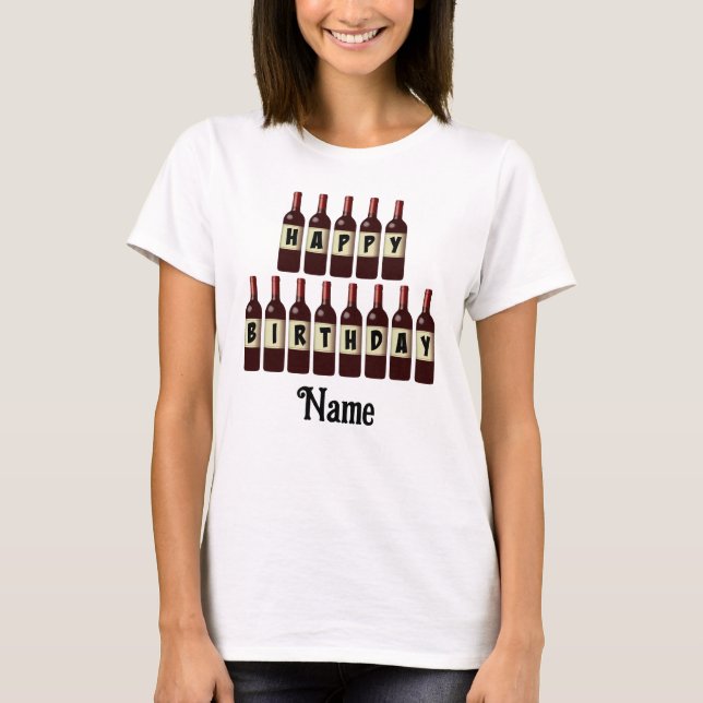 Camiseta Feliz Aniversário Garrafas de Vinho Vermelho Perso (Frente)