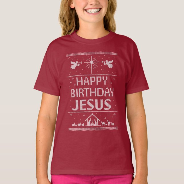 Camiseta Feliz Aniversário Jesus Cristo de Natal Religião (Frente)