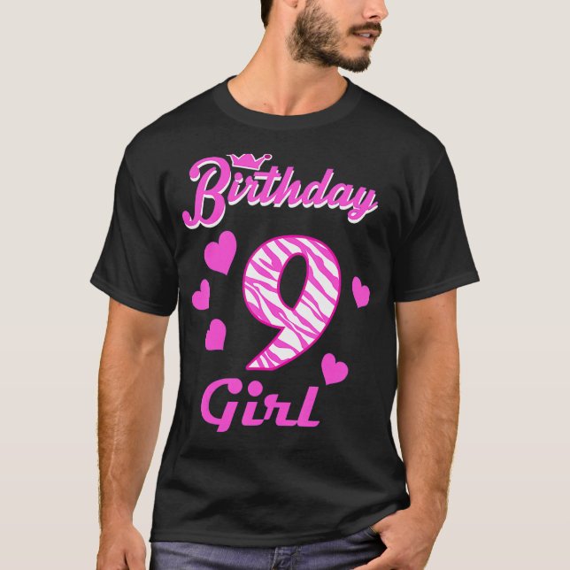 Camiseta Feliz Aniversário, Meninas da 9ª Festa, Nove Anos (Frente)